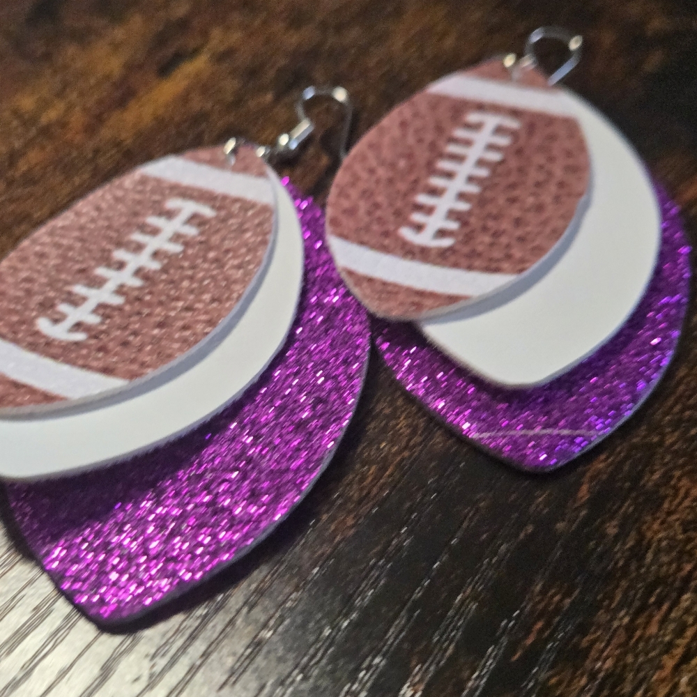 Homemade 3" Leather Football Purple Glitter Earrings
